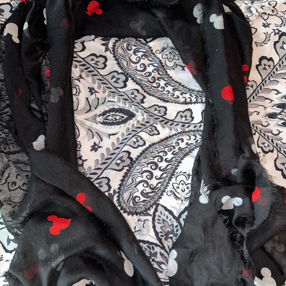 Black Scarf with Red and Gray Hearts